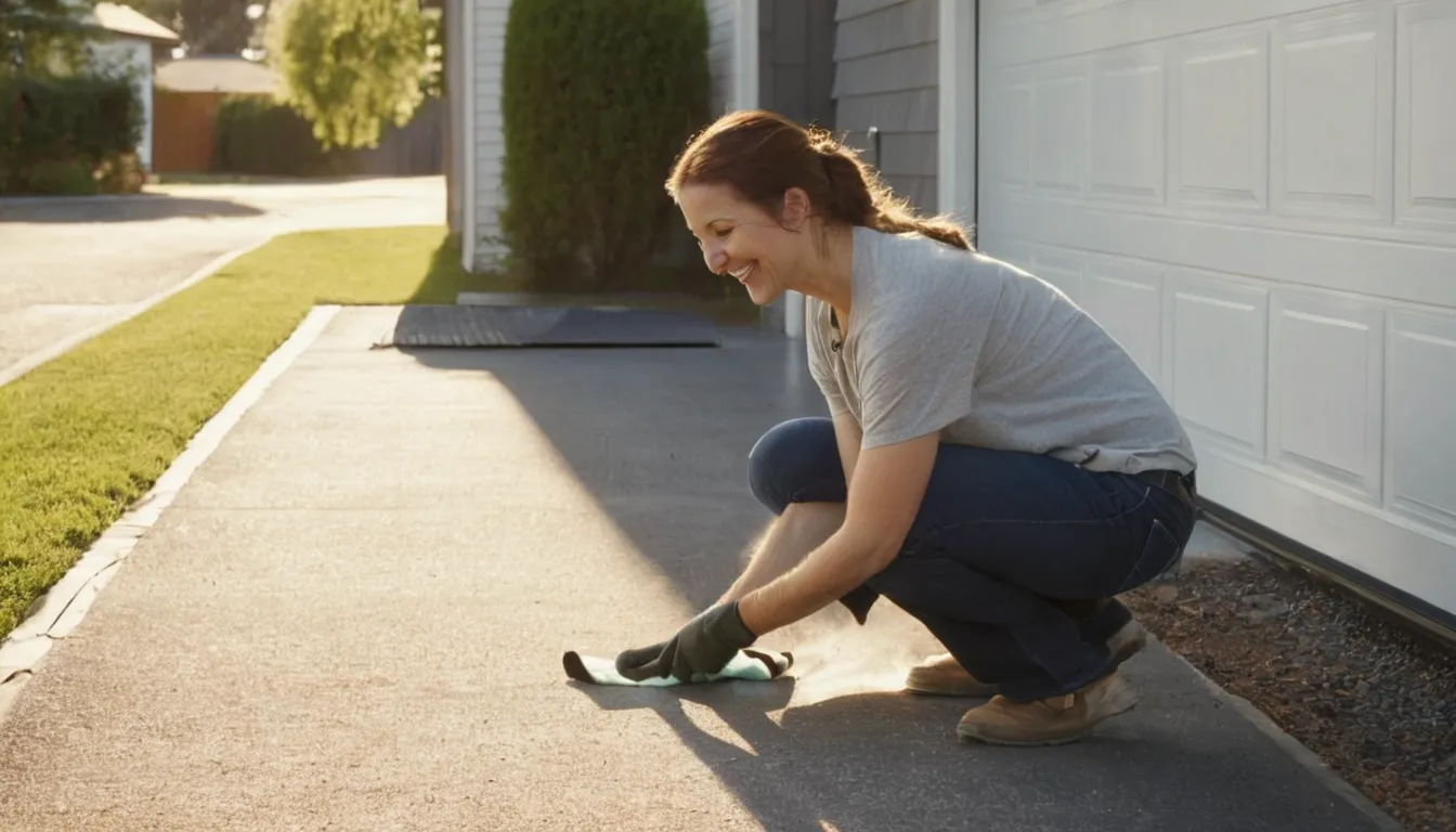 Homeowner checking a garage door track beside a parked car in a Hudson driveway